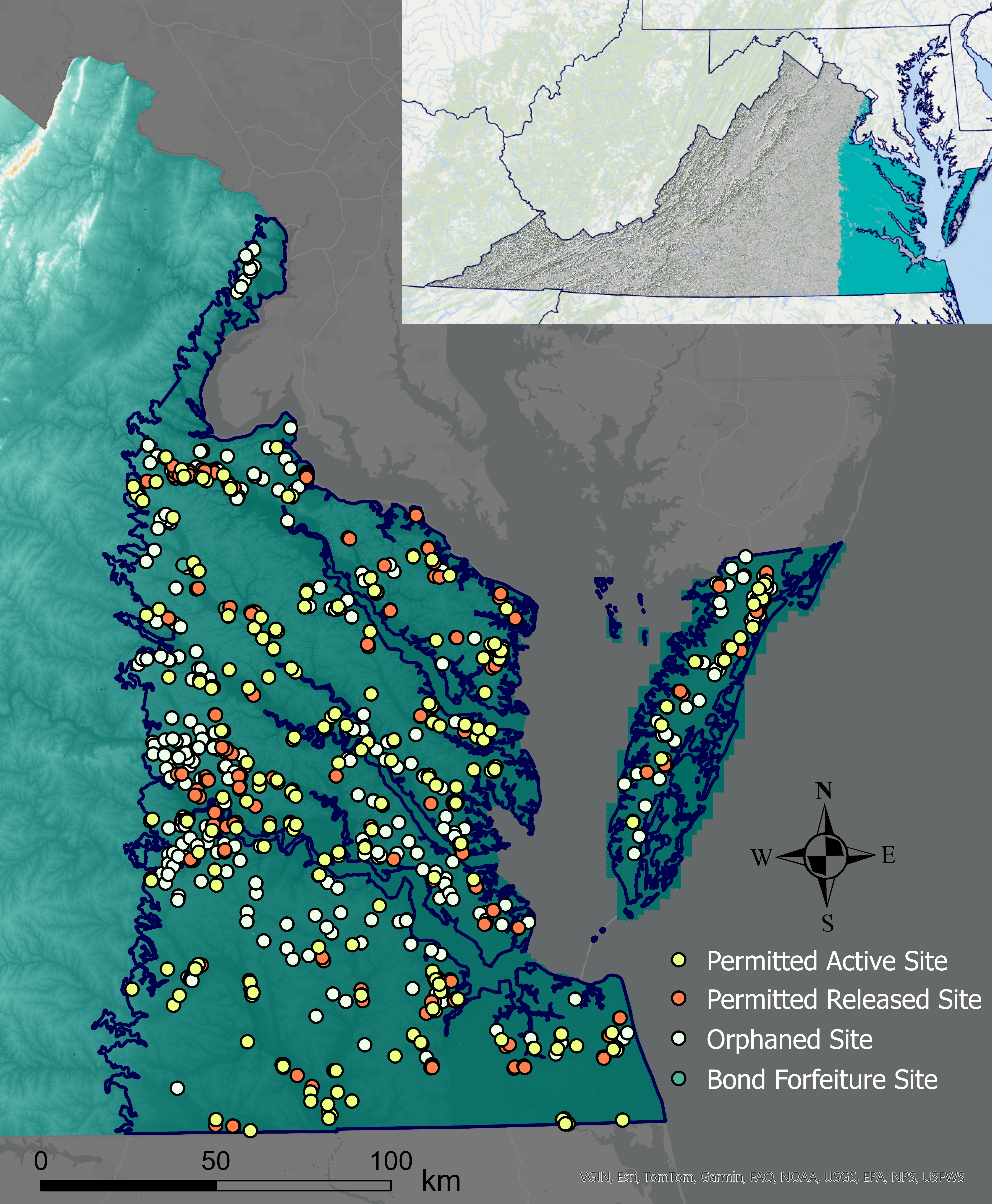 Figure 1: Permitted and orphaned aggregate mine sites in the Coastal Plain. 10-meter Digital Elevation Model base.