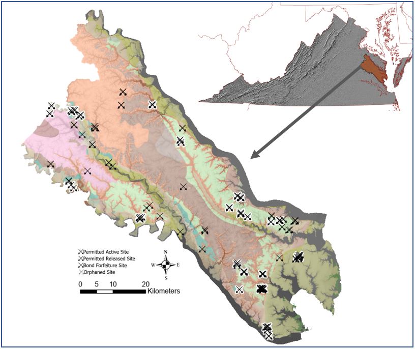 Figure 2: Middle Peninsula with published geologic map units and aggregate sites. Geology and unit descriptions are available on the 1:250,000-scale digital geologic map of Virginia (Witt et al., 2021).
