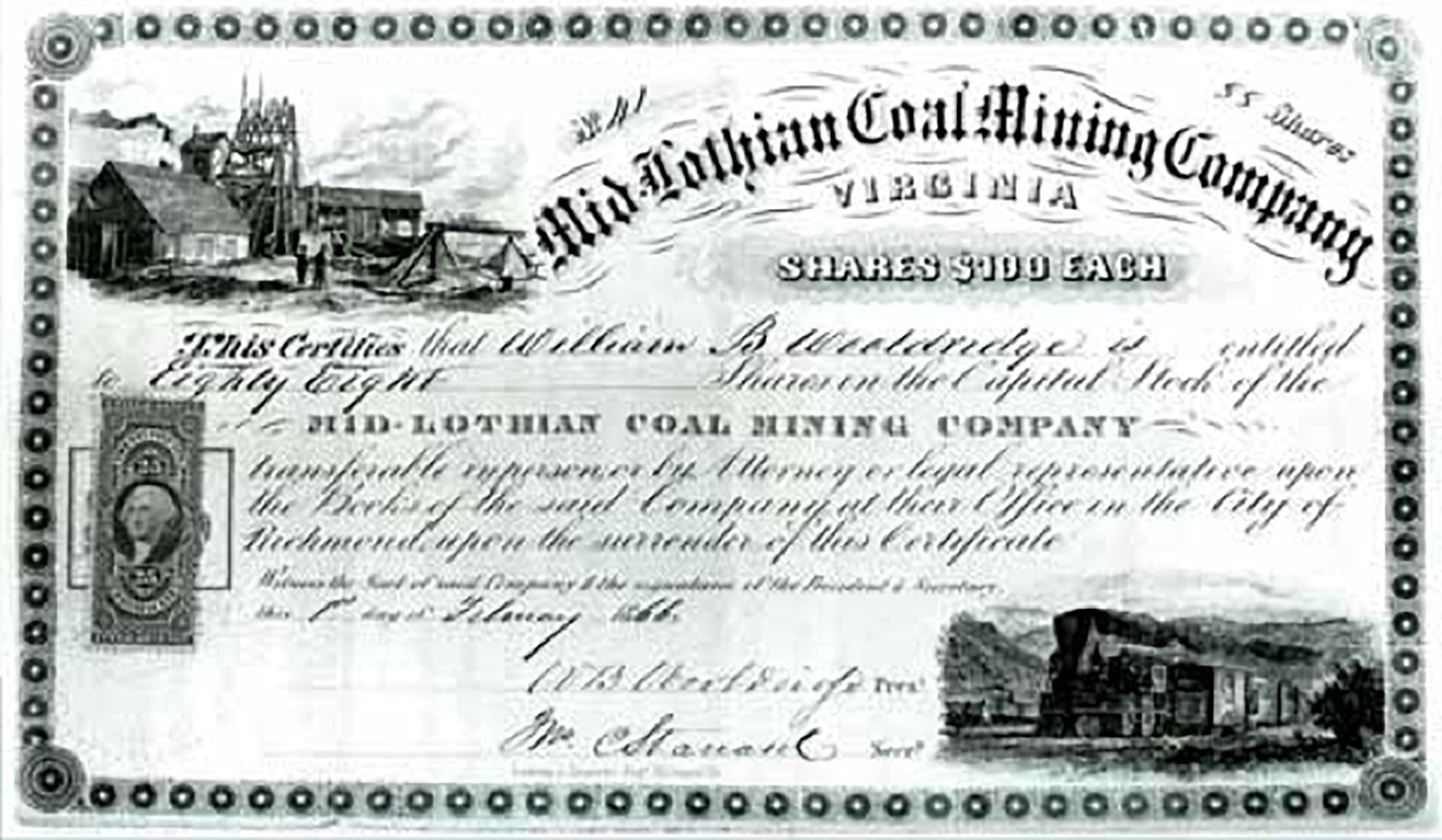 Stock certificate for the Mid-Lothian Coal Mining Company.