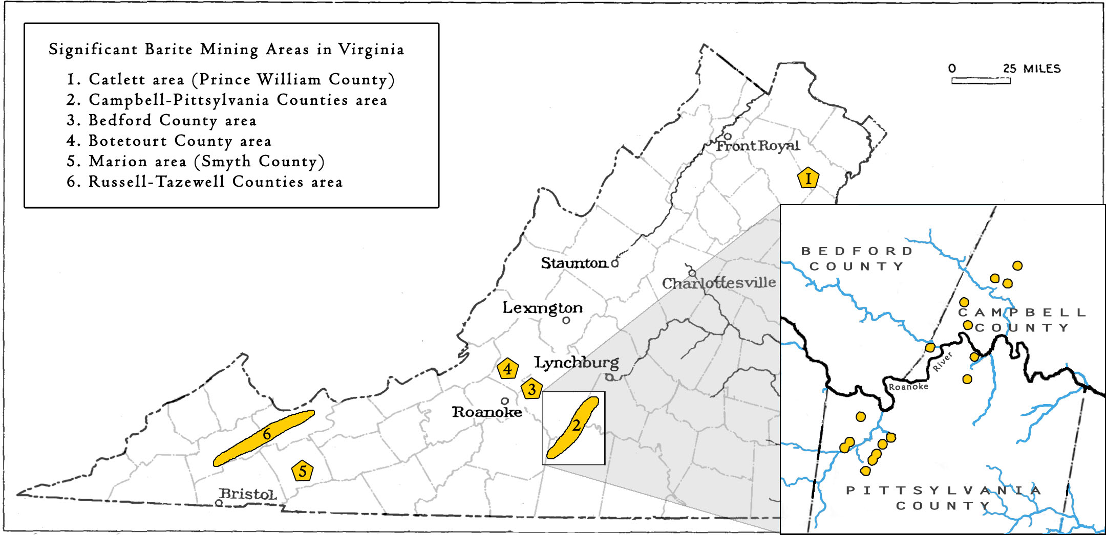 Map of significant areas for barite mining in Virginia. 