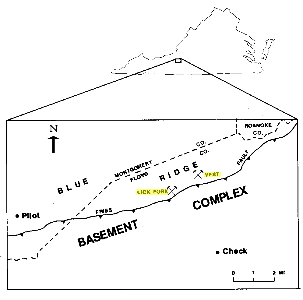 Location of the Lick Fork and Vest prospects, Floyd
				County, Virginia. Modified from Walsh-Stovall and others, 1989