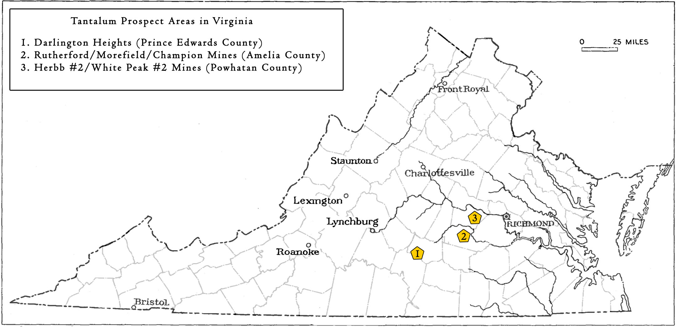 Locations in Virginia sampled or prospected for tantalum