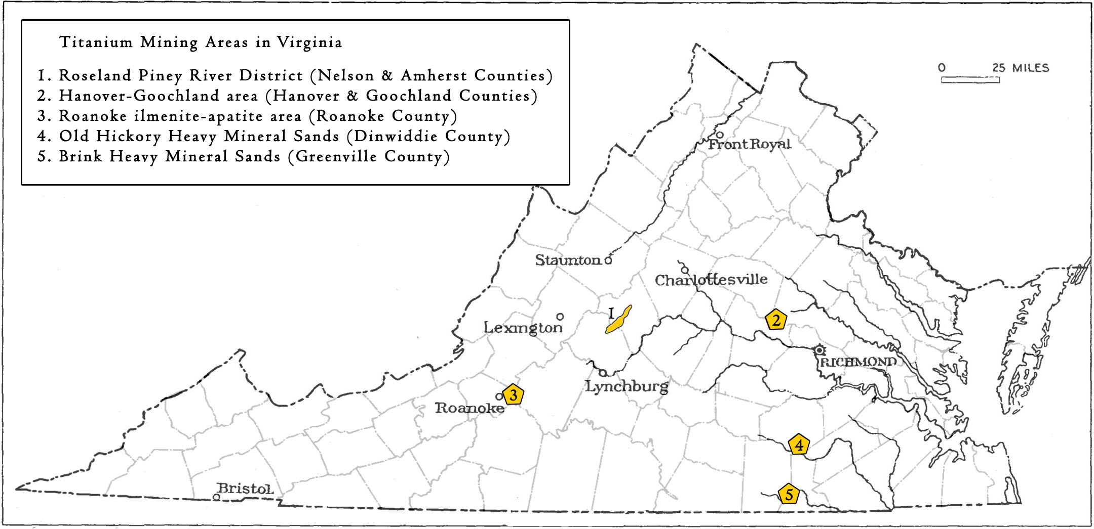 Areas mined for titanium in Virginia