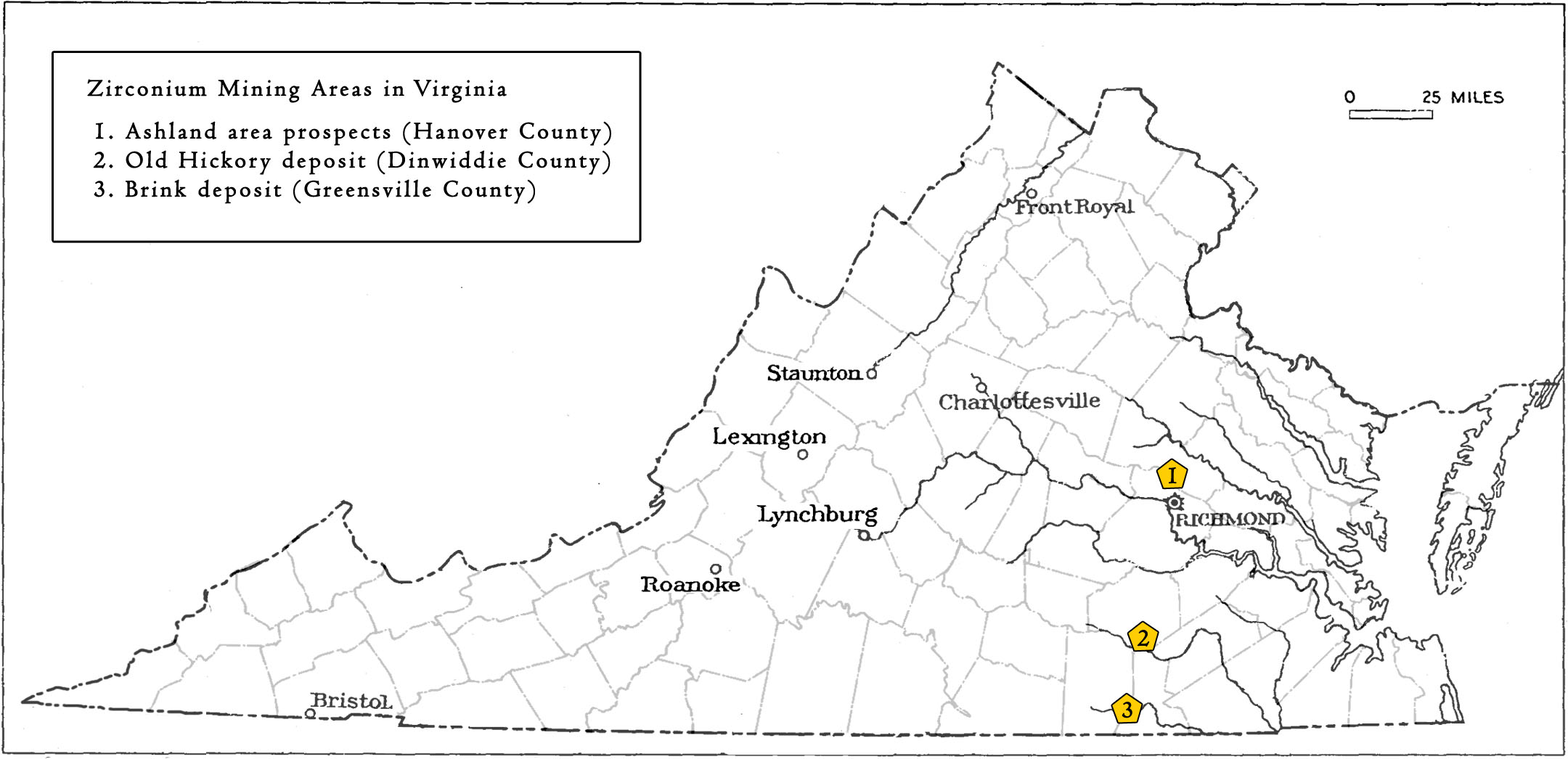 Areas prospected and mined for Zirconium mining in Virginia. 