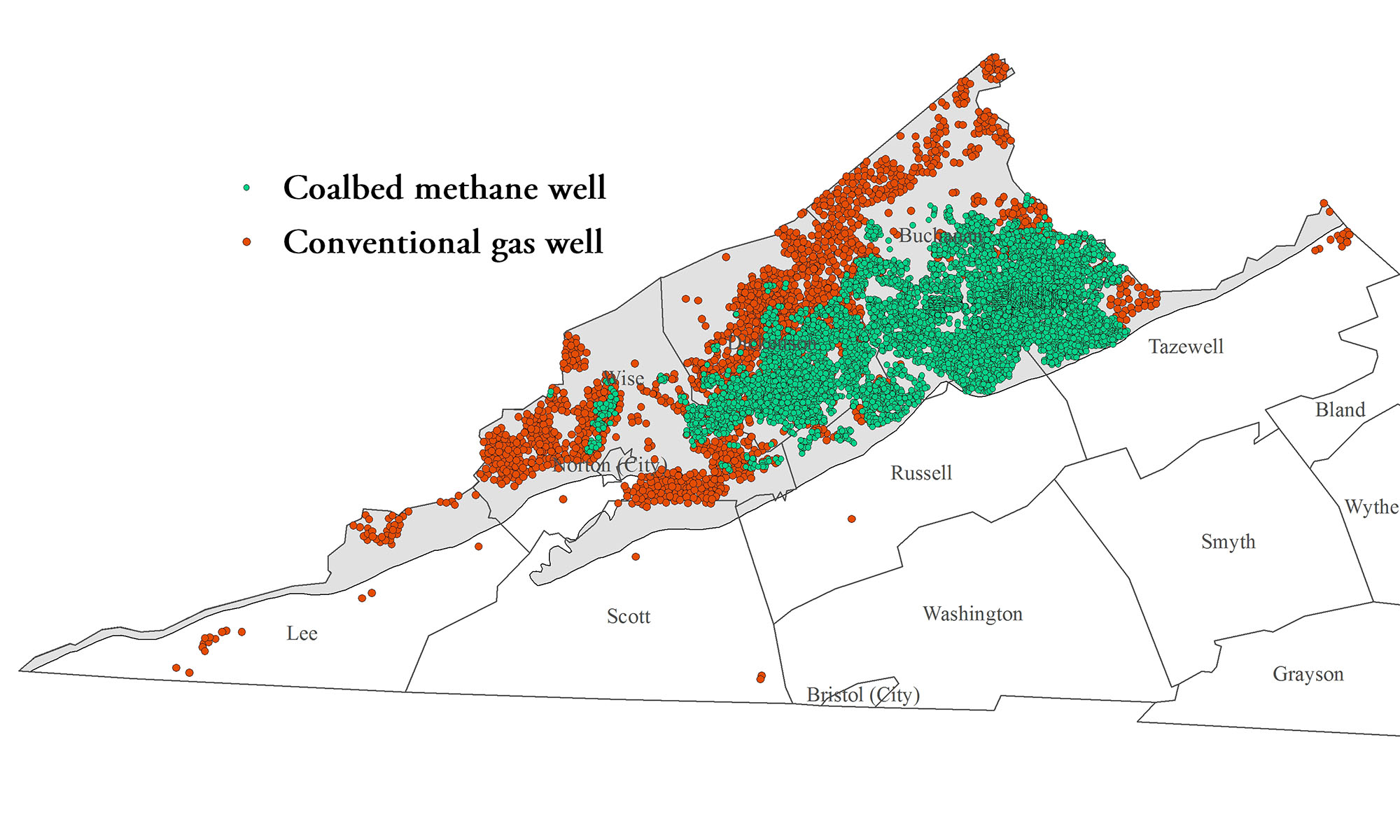 Natural gas production locations in Virginia