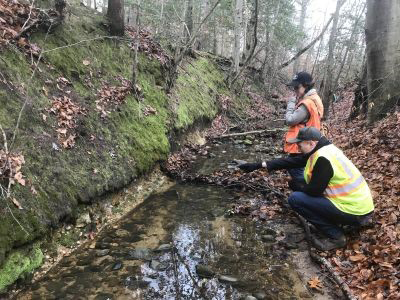 Geologists observing an exposure in a creek in the Earth MRI FY-19-20 focus area 