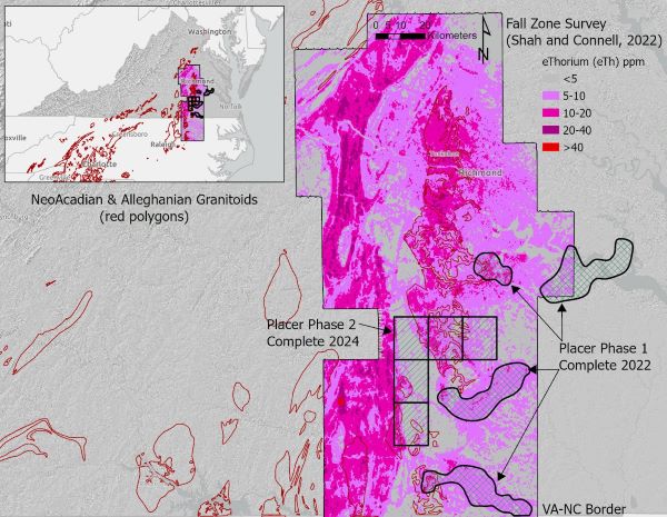 Recently completed Earth MRI work (Placer Phase 1 and 2), geophysical survey footprint (Shah and Connell, 2022) and focus areas for ongoing characterization of REE in granitoid regolith