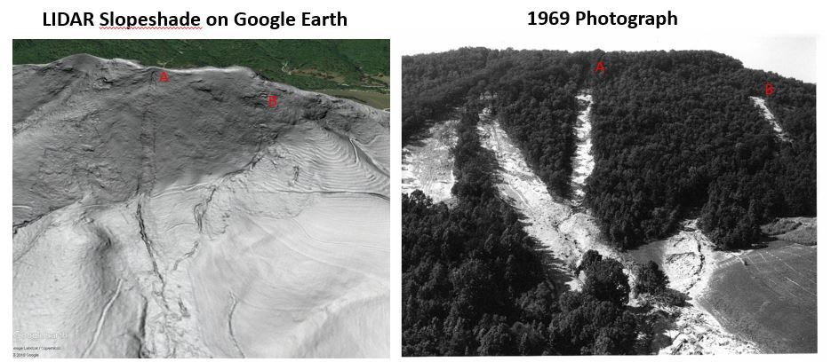 Debris flows near Myndus in Nelson County, Virginia