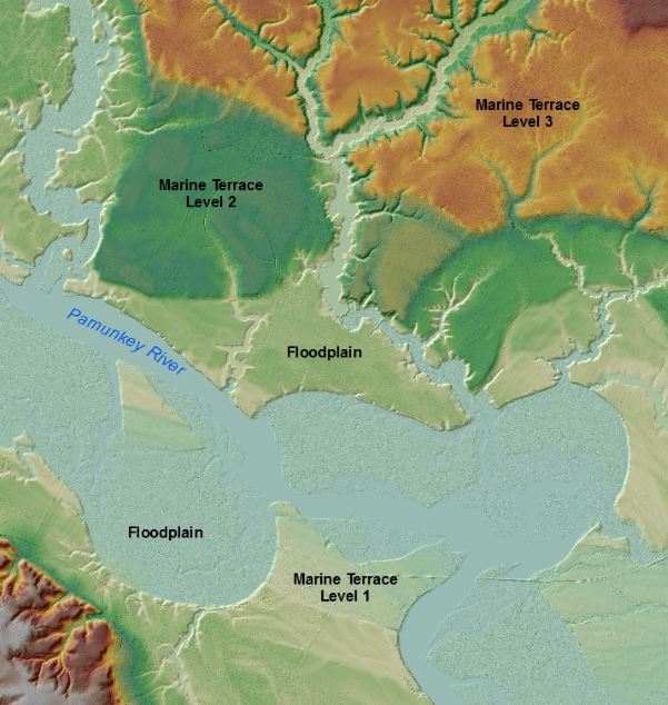 Several  levels of marine terraces along the Pamunkey River near Tunstall, Virginia