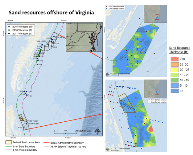 Figure 1: Sample locations and surficial sand thickness maps for areas offshore of Virginia
