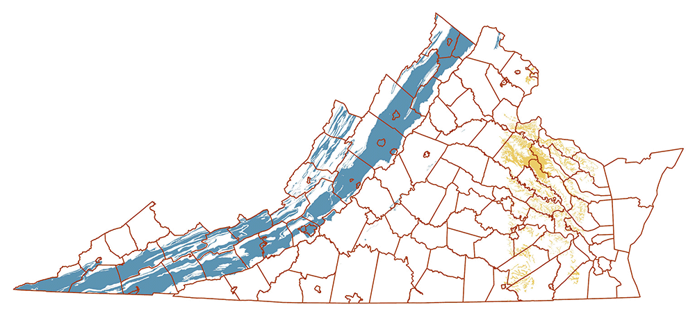 Areas in Virginia underlain by bedrock containing carbonate material (blue) and unconsolidated sediments of the Chesapeake Group (yellow)