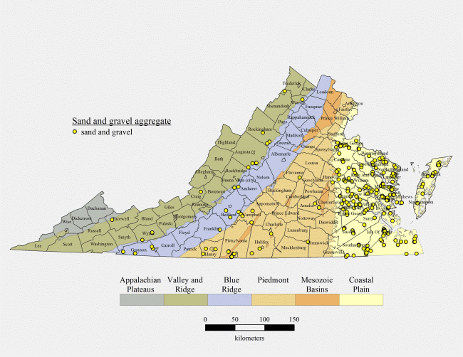 Sand and gravel locations in Virginia