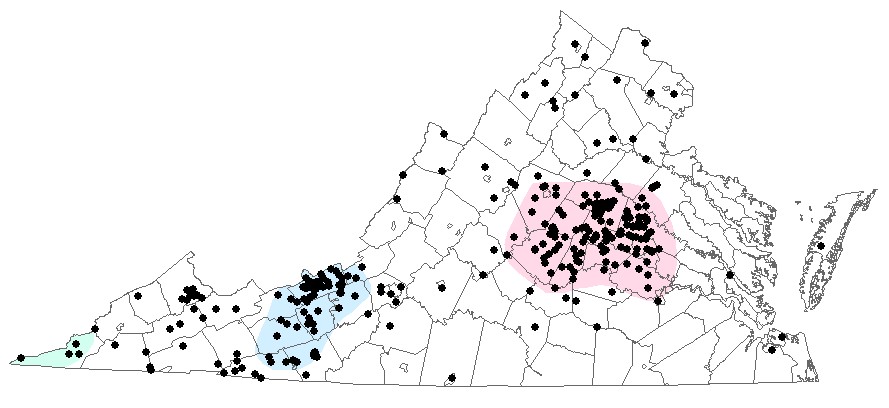 Map shows the locations of earthquakes in or near Virginia. The Giles County seismic zone is shown in pink and the Central Virginia seismic zone is shown in yellow.